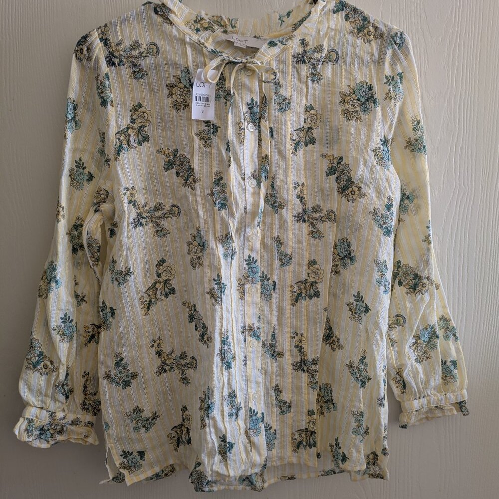 LOFT Women's Button Down Floral Print Bow Neck  3/4 Sleeve Blouse Size Small NWT